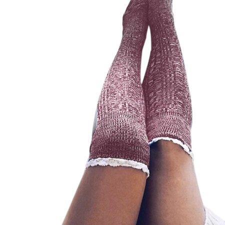 

Qcmgmg Women Knitted Lace Thigh High Socks Soft Solid Color Stockings Free Size