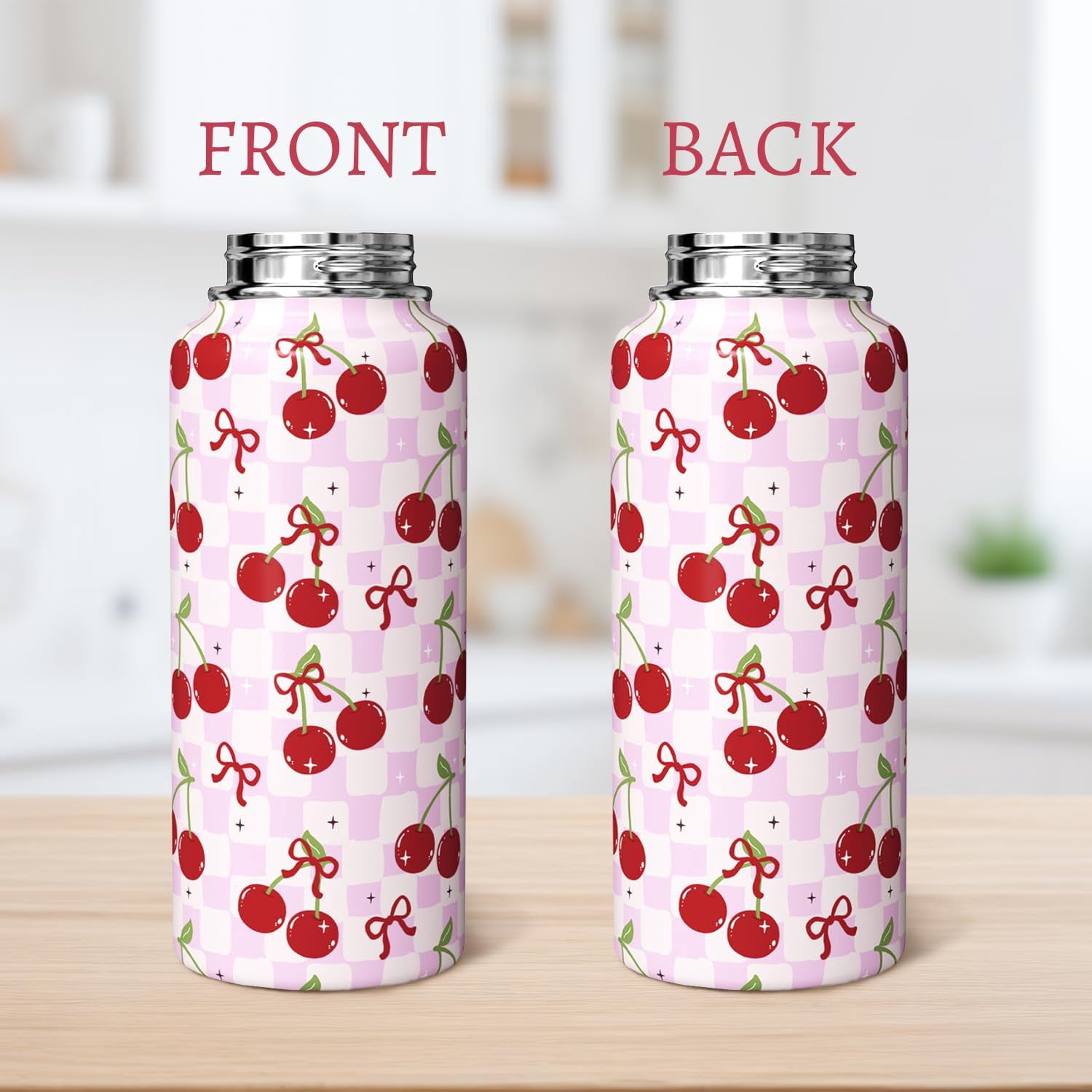 Cherry Water Bottle 32oz Insulated Stainless Steel Thermoses Sports Bottles Cup with Handle and Flip Straw Cherry Gifts Stuff for Girls Women