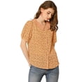 thumbnail image 3 of Blusa con cuello plisado y mangas abullonadas florales Allegra K Naranja L, 3 of 6