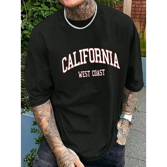 California West Coast Letter Print Men's Summer Short Sleeve Round Neck Casual T-Shirt
