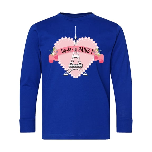 Inktastic Paris Oo-la-la with Eiffel Tower and Flowers in Pink Heart Long Sleeve Youth T-Shirt