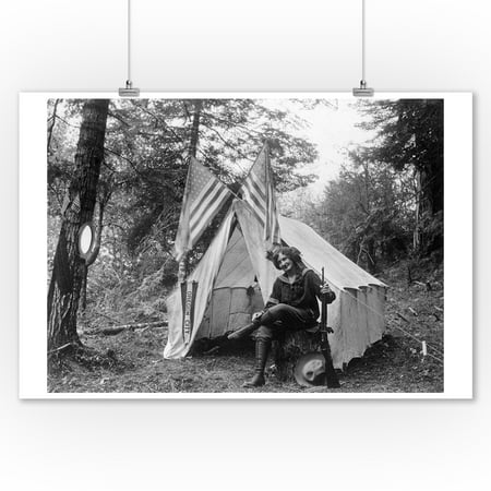 Thompson Creek, Oregon - Woman with Gun Sitting Outside Her Tent Fourth of July (9x12 Art Print, Wall Decor Travel Poster)