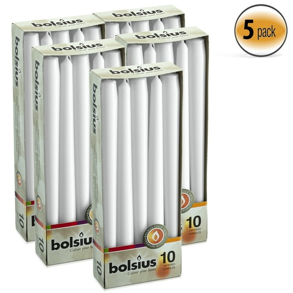 Bolsius 50 White Tapered Candles - 10" Tall Unscented Smokeless Non-Drip White Taper Candles for Wedding, Spa, Church, Restaurant, House Decoration - 7.5 Hours Long Burning Table Candle