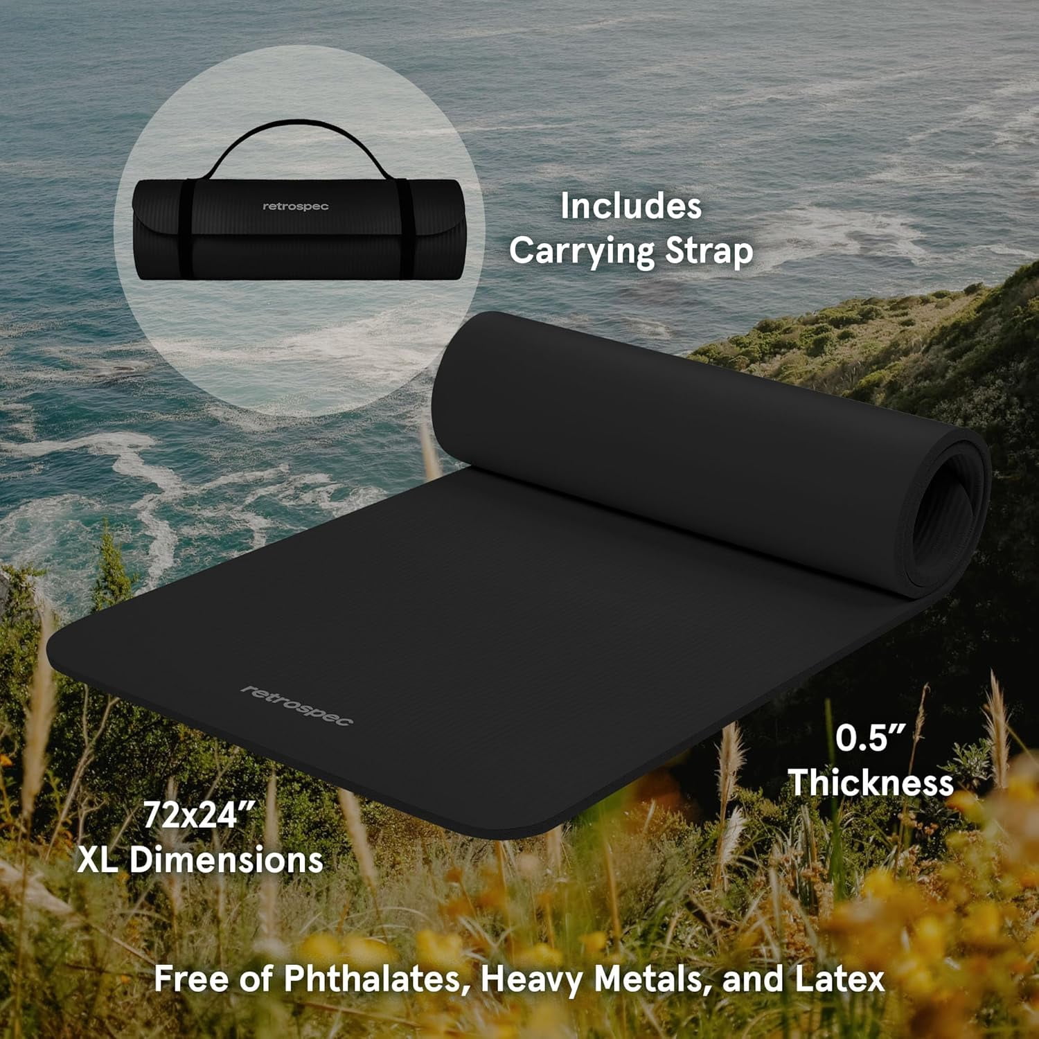 Retrospec Solana Yoga Mat 1/2" Thick w/Nylon Strap for Men & Women - Non Slip Exercise Mat for Yoga, Pilates, Stretching, Floor & Fitness Workouts
