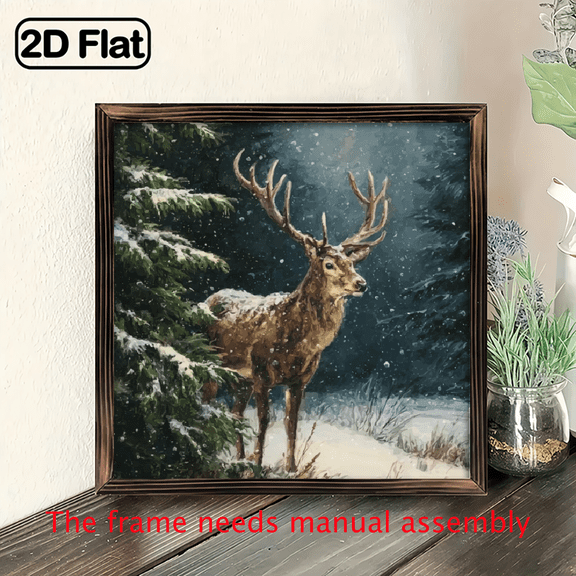 2D Flat, 1pc Rustic Christmas Deer Wooden Sign, 8x8 Inch Framed Winter Scene with Snowy Forest Pine Branches - Perfect for Home, Kitchen, Bedroom, Cocoa Bar, or Cafe Decor - Ideal Holiday Gift, De