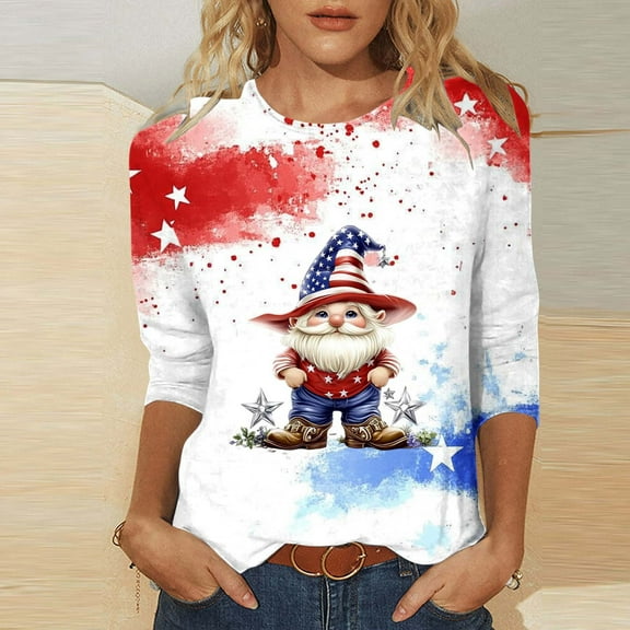 Cavosen Red White and Blue Clothes for Women Petite 4th of July 3/4 Sleeve Crew Neck Tops USA Star Striped Print T Shirts Lady XL Red White and Blue Casual Shirts Patriotic Tunic Tees