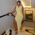 thumbnail image 4 of Women's V-Neck Chest Wrapped Sleeveless Waistband Pleated Split Hips Wrapped Asymmetrical Long Dress, Solid Color, 4 of 17