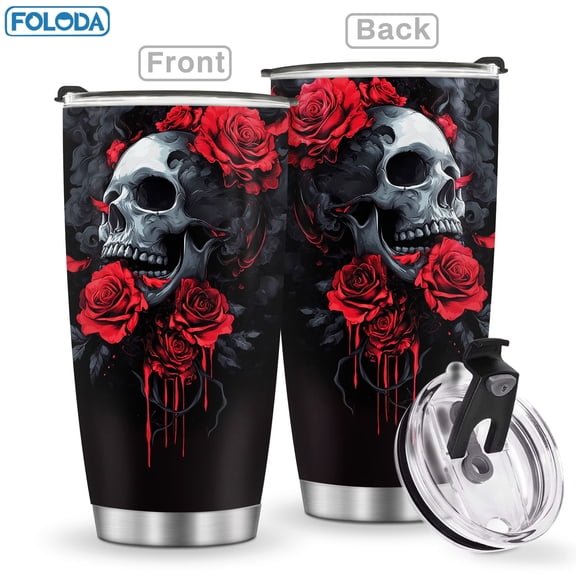 Foloda 1PC Skull 20oz Insulated Mug (with Lid), Durable Stainless Steel Coffee Cup Travel Mug To-Go Cup Perfect Gift for Women Men On Halloween, Valentine's Day, Day of the Dead Reusable Thermos Flas