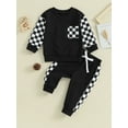 thumbnail image 2 of BblyThe 0-3T Toddler Baby Boys Fall Outfits Checkerboard Patchwork Long Sleeve Sweatshirts and Elastic Waist Pants Outfits, 2 of 9