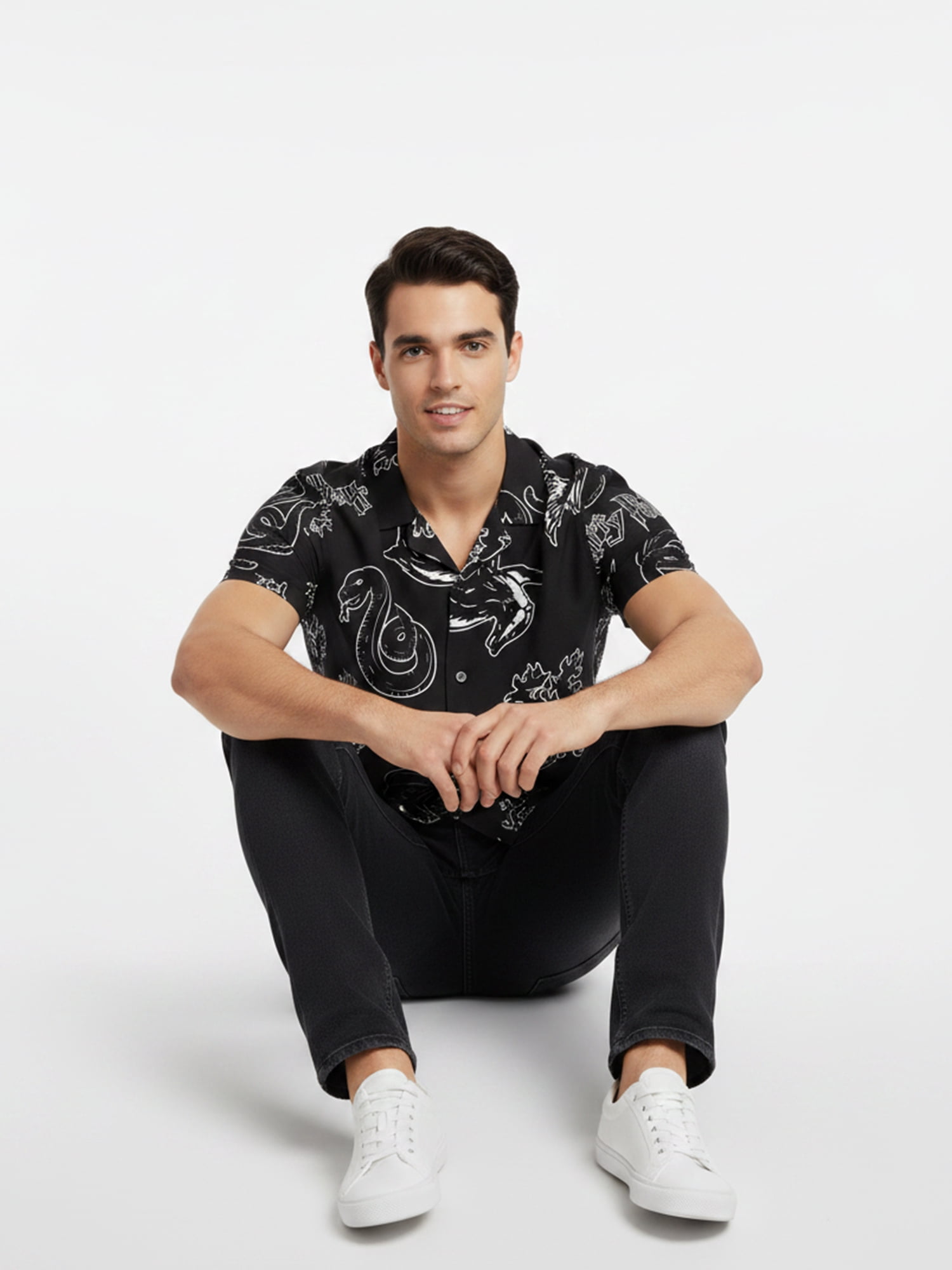 Harry Potter Men’s Short Sleeve Button-Up Camp Shirt, Line Work, Sizes S–3XL