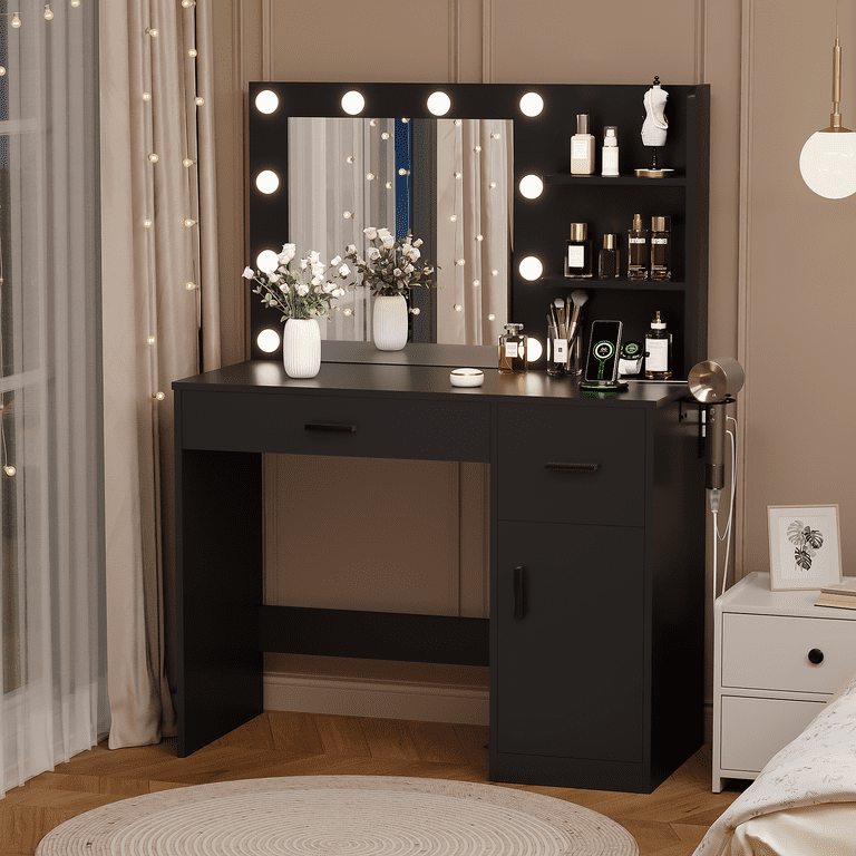 Lacoo Makeup Vanity Desk with Lights & Charging Station, Vanity Set with Mirror, Storage Shelves & Drawers, Vanity Table for Bedroom Dressing Room, Black
