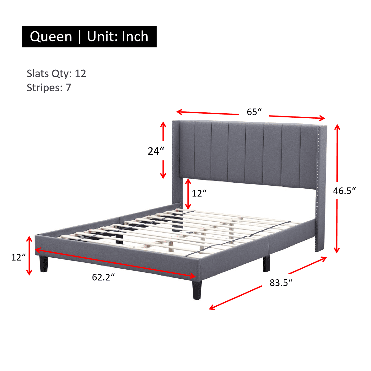 Private Jungle Bed Frame Set, Classics Cloth Headboard with Wings & Platform & Slats Queen, Fabric/Grey Private Jungle Bed Frame Set, Classics Cloth Headboard with Wings & Platform & Slats Queen, Fabric/Grey