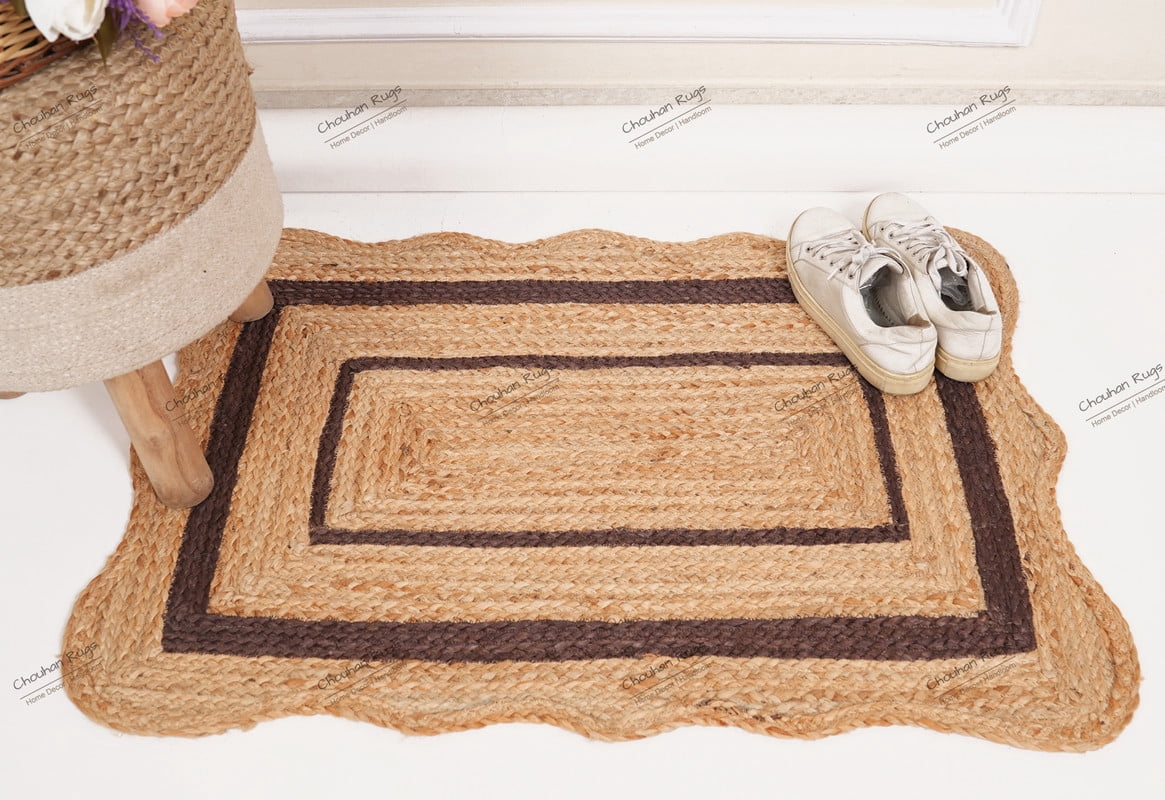 Eco friendly Area Rug Natural Jute Hand Braided Brown Color Scalloped Pattern Rectangle Rug