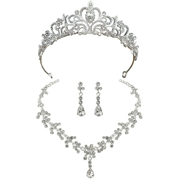 Wedding Crown for Bride, Silver Hollow Design with Faux Crystal, Coronation Tiara Jewelry Set, Includes Matching Necklace and Earrings, Ideal for Weddings
