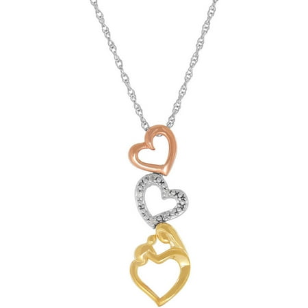Mother and Child Diamond Accent Triple Open Heart Tri-Color Gold over Silver Pendant, 18