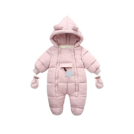 

Newborn Baby Winter Thermal Snow Wear Long Sleeve Hooded Romper With Decorative Star+Gloves Toddler Infant Coat Snow Suit Wear