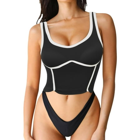 QYZEU Tops for Women Trendy Color Block Vest Tops Square Neck Slim Fit Sports Bra Padded Basic Workout Crop Tank Top Soft Breathable Lightweight Tops Black One Size