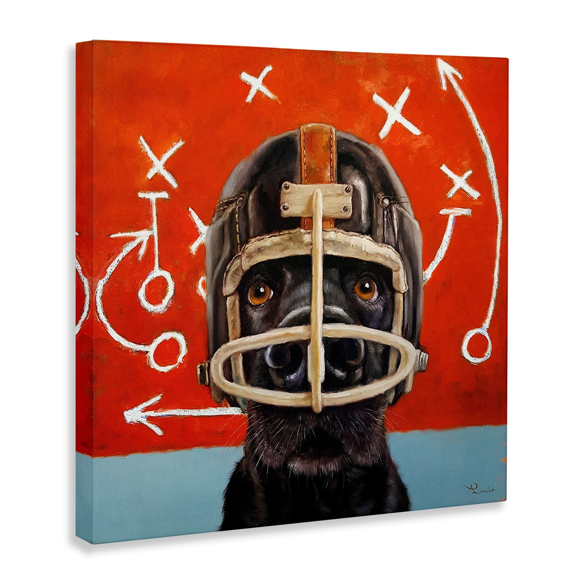 Stupell Industries Black Dog Wearing Football Helmet Sports Plays Canvas Wall Art, 24 x 24, Design by Lucia Heffernan