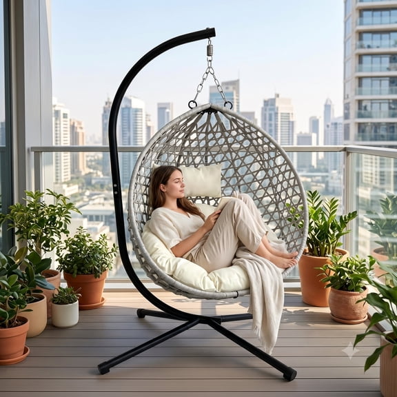 Foldable Indoor/Outdoor Wicker Swing Egg Chair, Hammock Hanging Chair Nest Basket with Stand, UV Resistant Cushions, 350LB Capacity for Bedroom, Balcony, Garden & Poolside, Beige-Gray