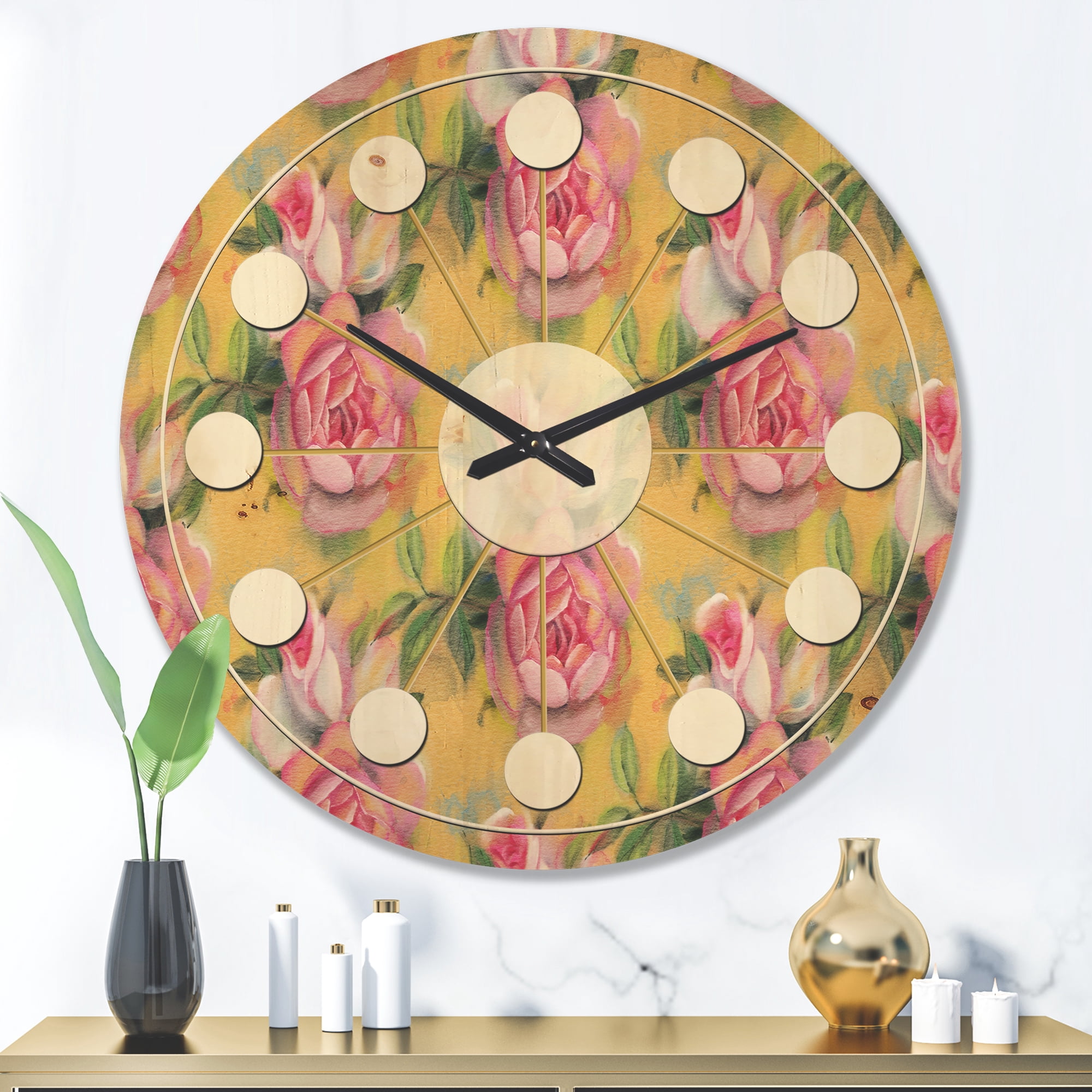 Designart 'Watercolor Pink Roses' Mid-Century Modern Wood Wall Clock
