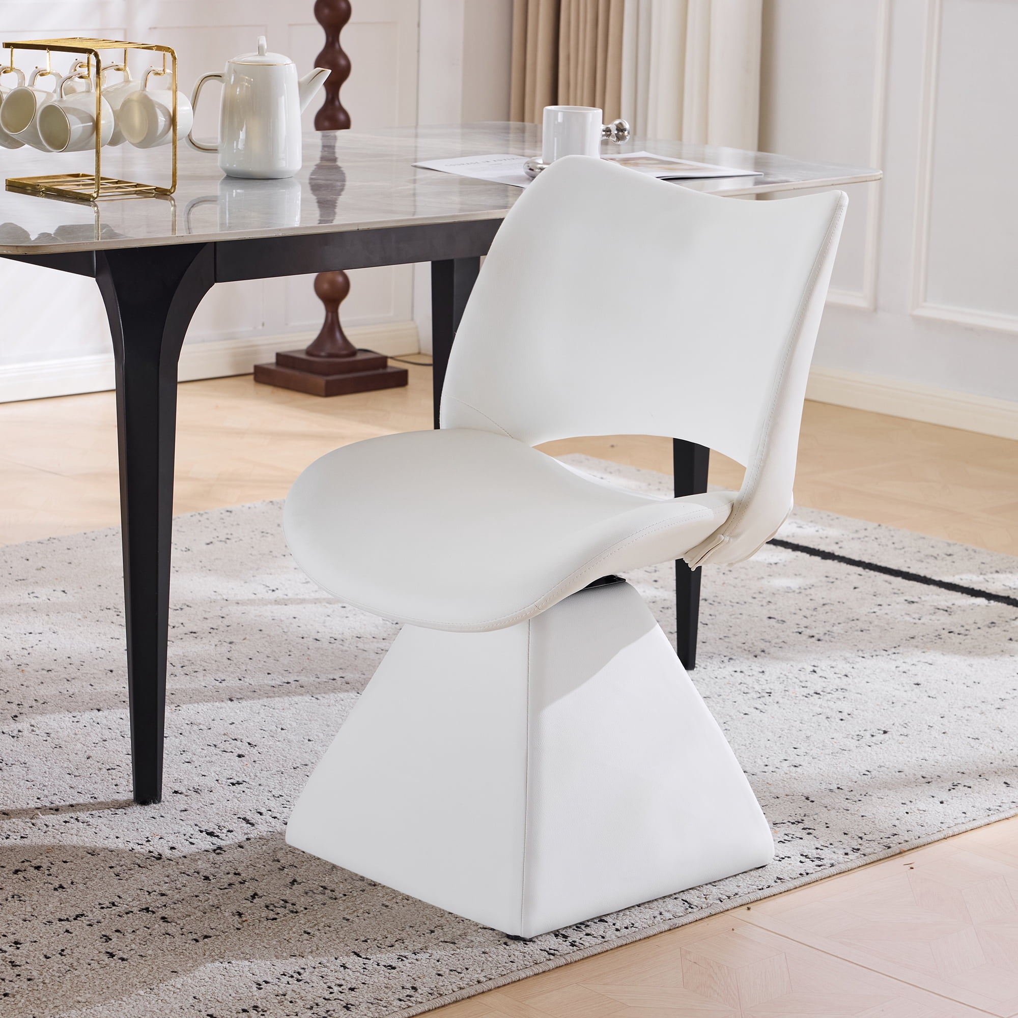 HOQBN Modern Swivel Dining Chair with Faux Leather, 360-Degree Upholstery Dining Chair with High Curved Back for Kitchen, Dining Room,White