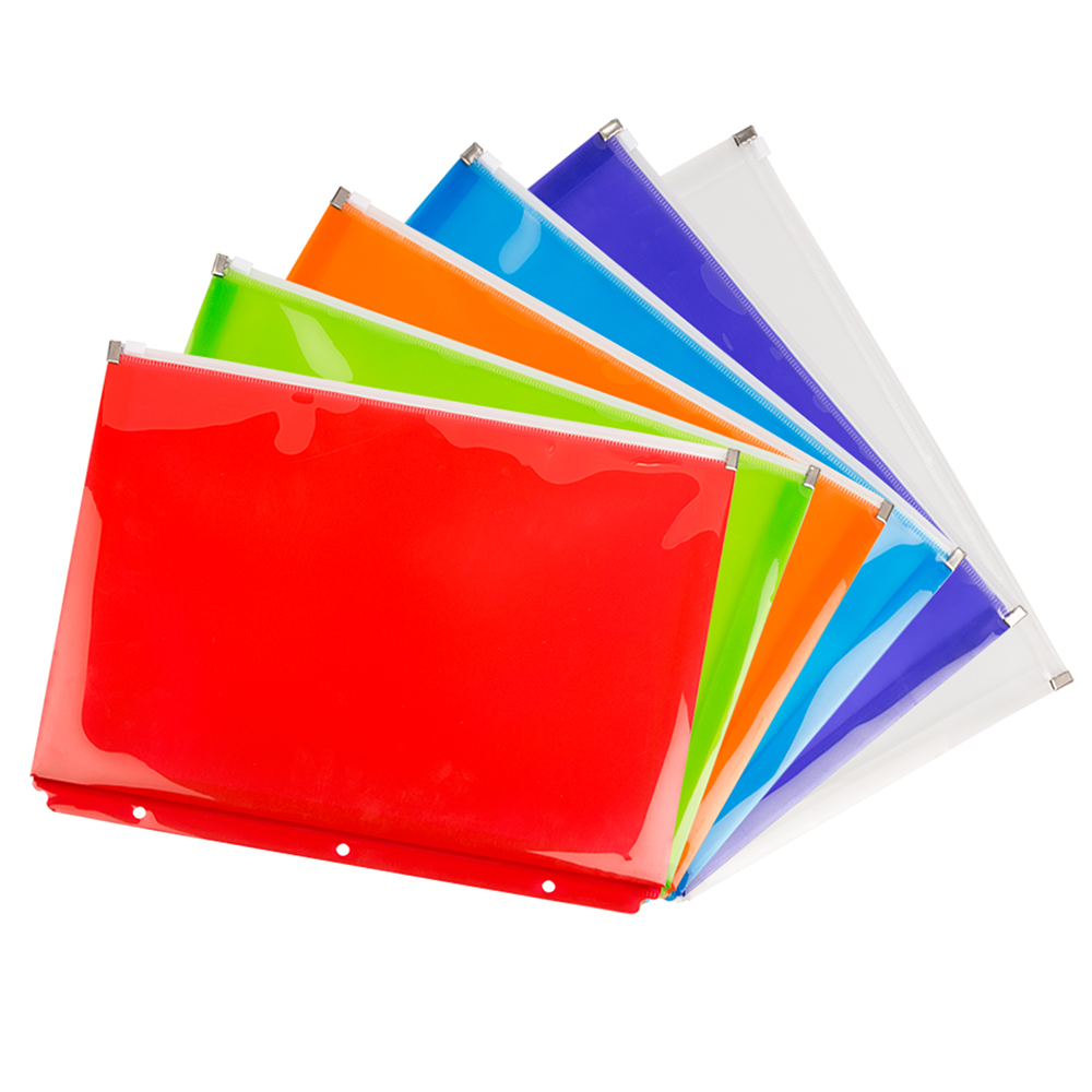 JAM Paper Plastic 3 Hole Punch Zip Envelopes, 9 3/4 x 13, Assorted Multicolor, 6 per Pack