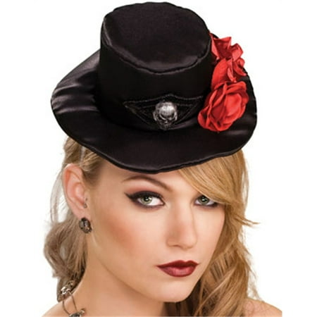 Women's Black Mini Top Hat With Skull Pendant and Roses