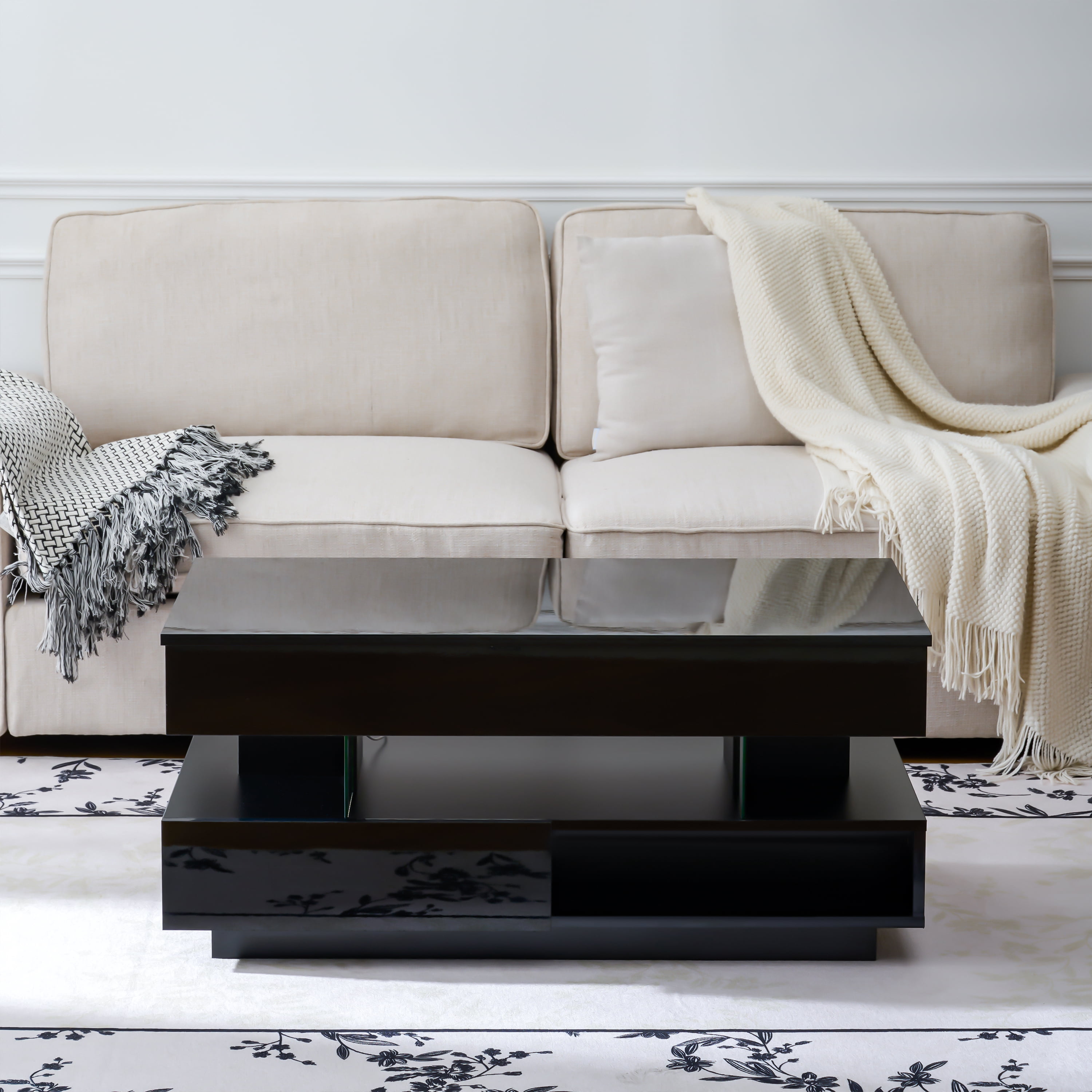 BaPiPro 39.3" Lift Top Coffee Table with LED Lighting, Hidden Compartment, 2 Storage Drawers, Adjustable Height, Black