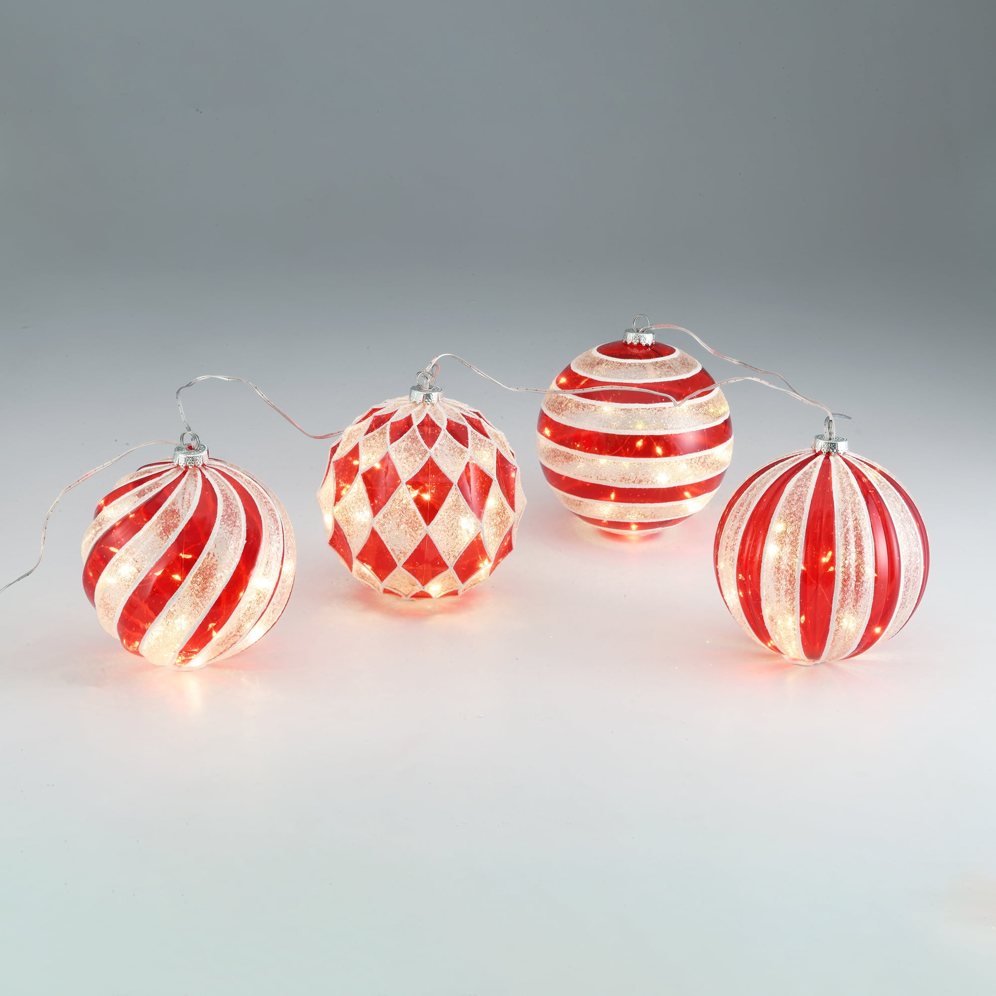 Indoor/Outdoor Red and White Battery-Operated LED Shatterproof Ball Christmas Ornaments, 4 Count, by Holiday Time
