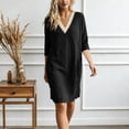 thumbnail image 2 of Vetsdori Black Women's Solid Color V-Neck Lace 3/4 Sleeve Linen Shift Dress Casual Flowy Summer, 2 of 9