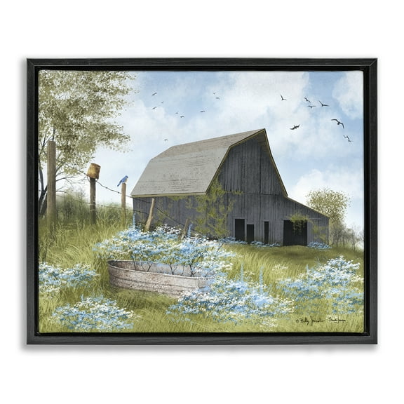 Stupell Industries Blue Floral Country Garden Landscape & Nature Painting Black Floater Framed Canvas Art Print Wall Art, 21 x 17