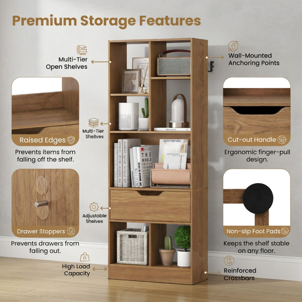 GVN 51inch Tall Freestanding Bookcase 7-Cube Storage Organizer with Drawer Multi-Use Open Shelves for Home Office Study Living Room Books Decor Display, Natural