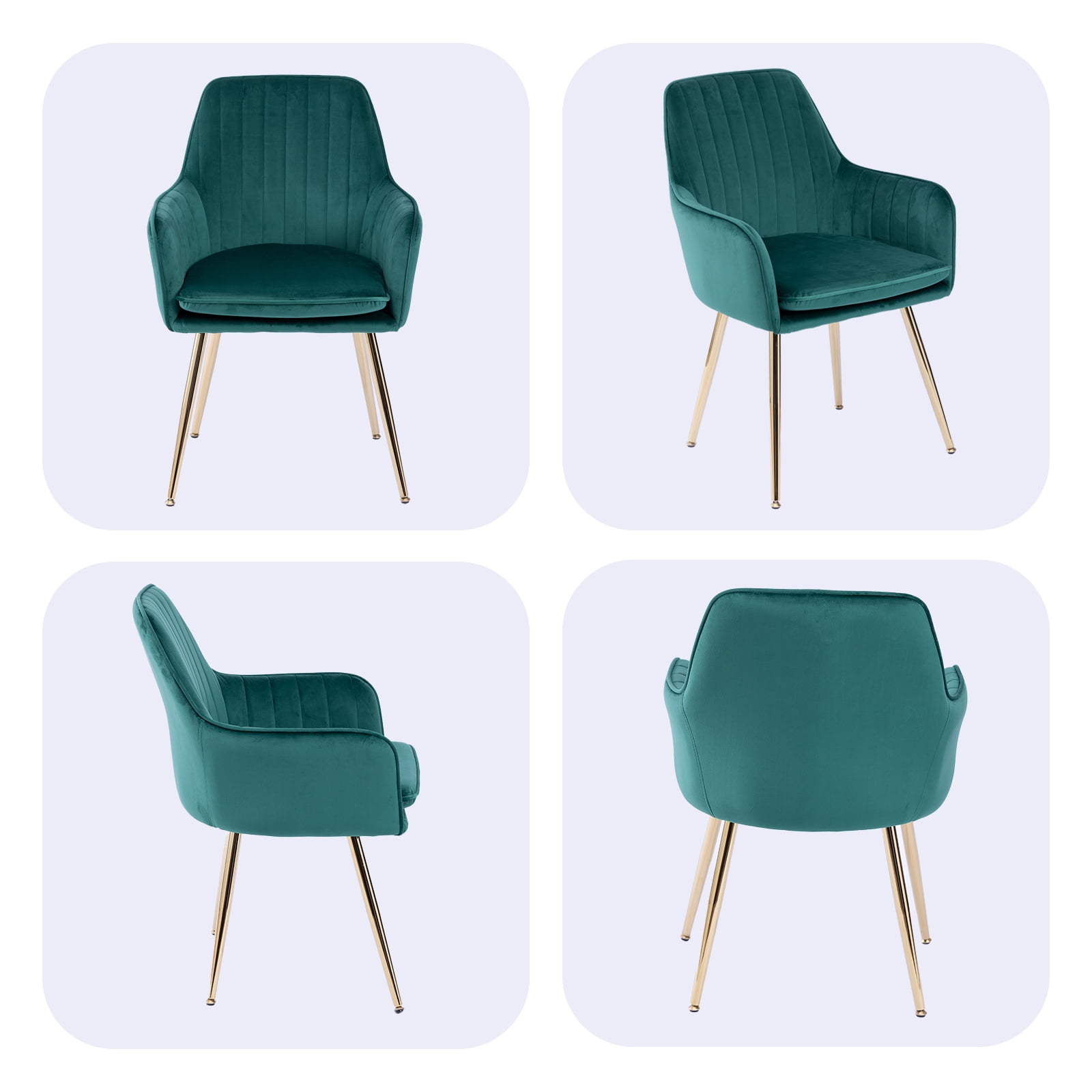 JW Home Furniture Velvet Dining Chairs Set of 2 - Mid-Back Gold Legs - Green Upholstered Accent Chairs for Kitchen & Dining Room