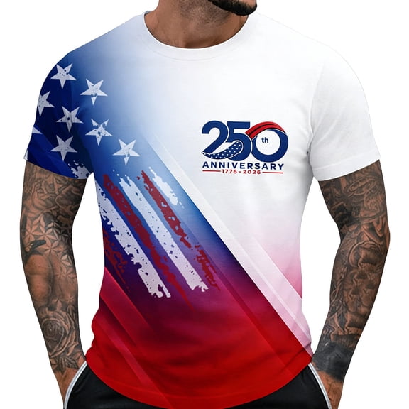 USA 250Th Anniversary Shirt Men's Short Sleeve Crew Neck Top with Stars and Stripes Print Commemorative Graphic Tee Everyday Casual Wear Lightweight Breathable White L