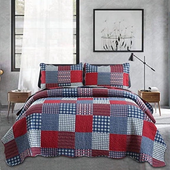 Plaid Quilt Set Queen Bedspreads Coverlet Set Red Blue White Patchwork Queen Size Quilt Set Bedding Soft Lightweight Quilts Coverlet Country Reversible Quilt Bed Spread with 2 Pillow Shams
