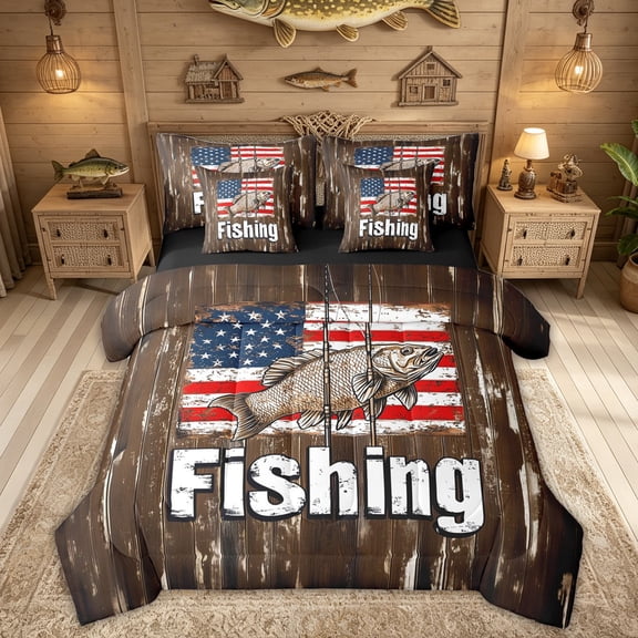 Feelyou Country Fishing Animal Twin Bedding Sets for Men Boys, Rustic Wooden Cabin Bedding Comforter Set, Brown, Black Reversible, 7pcs