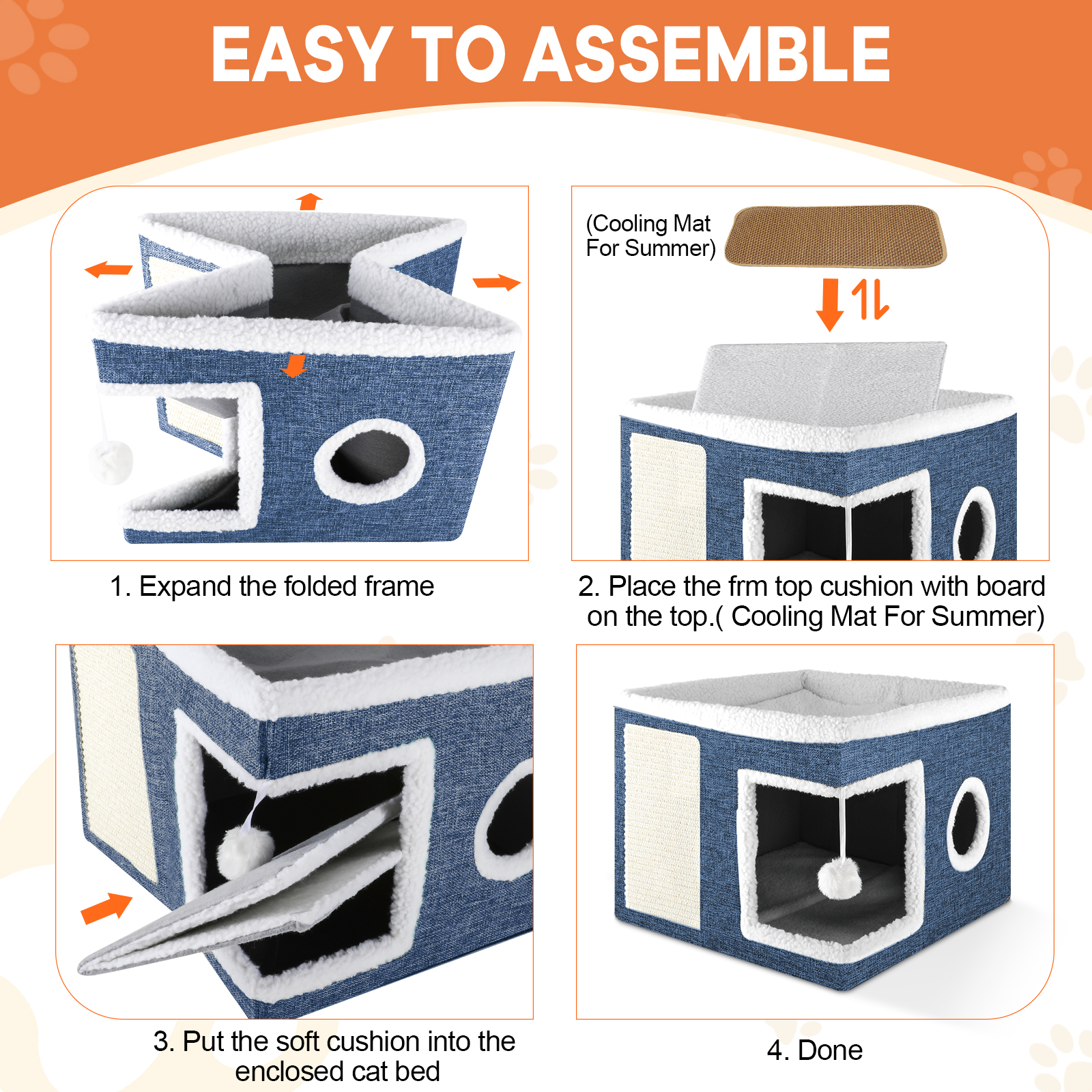 Cat Bed YUWENUS Cat House for Indoor Cats with 2 Cushion, Large Cat Cave with Scratch Pad and Fluffy Ball Hanging,Blue