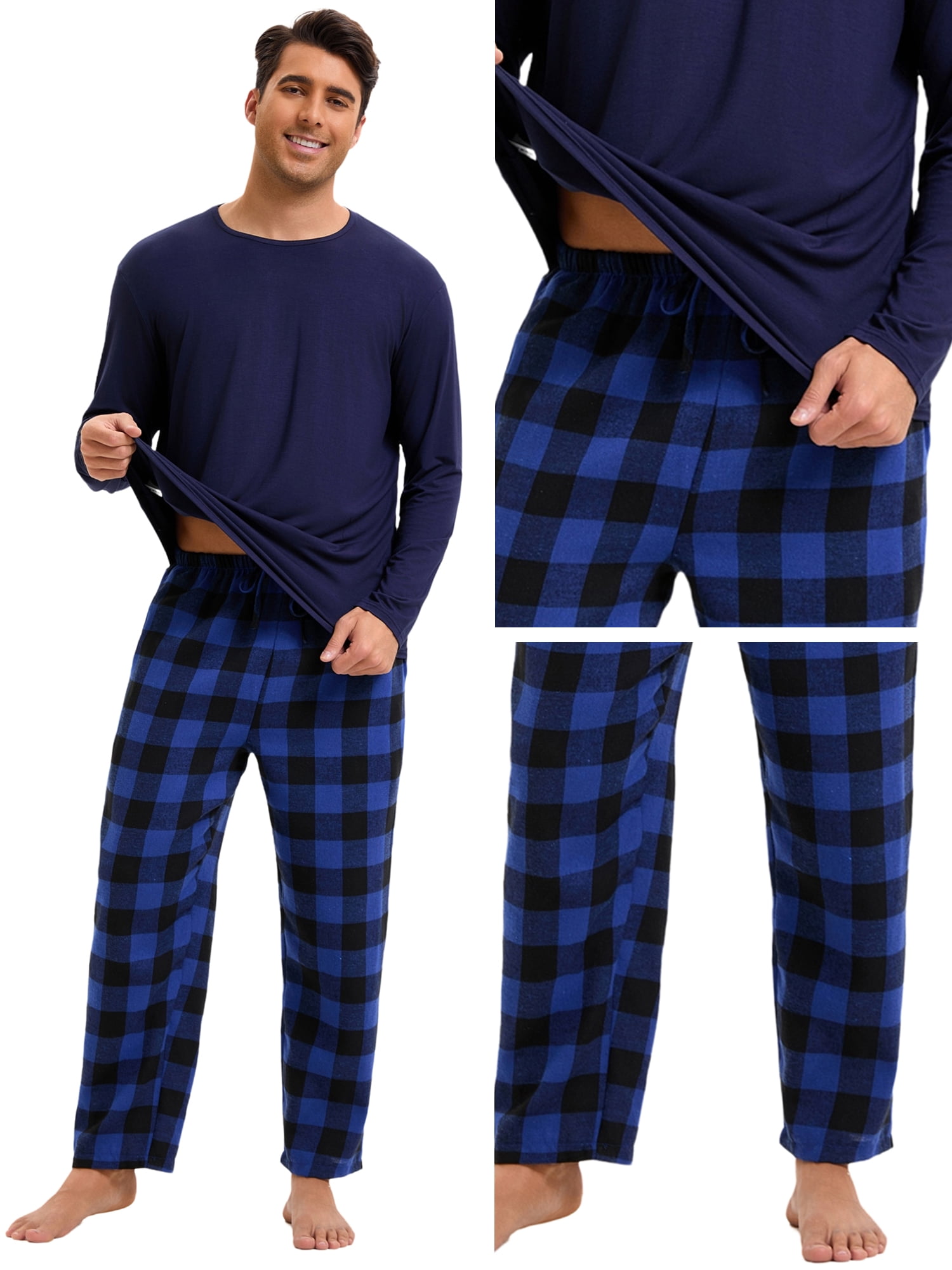 DARING DIVA Men's 2-Piece Long Sleeve Solid Nightwear Plaid Pants Set 2XL Dark Blue