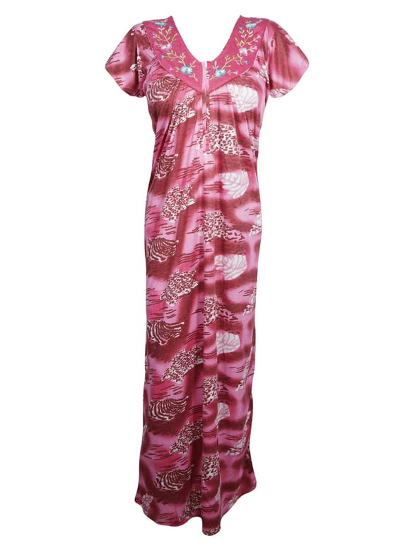 Maxi Caftan Dress, Red Pink Floral Printed Loose M