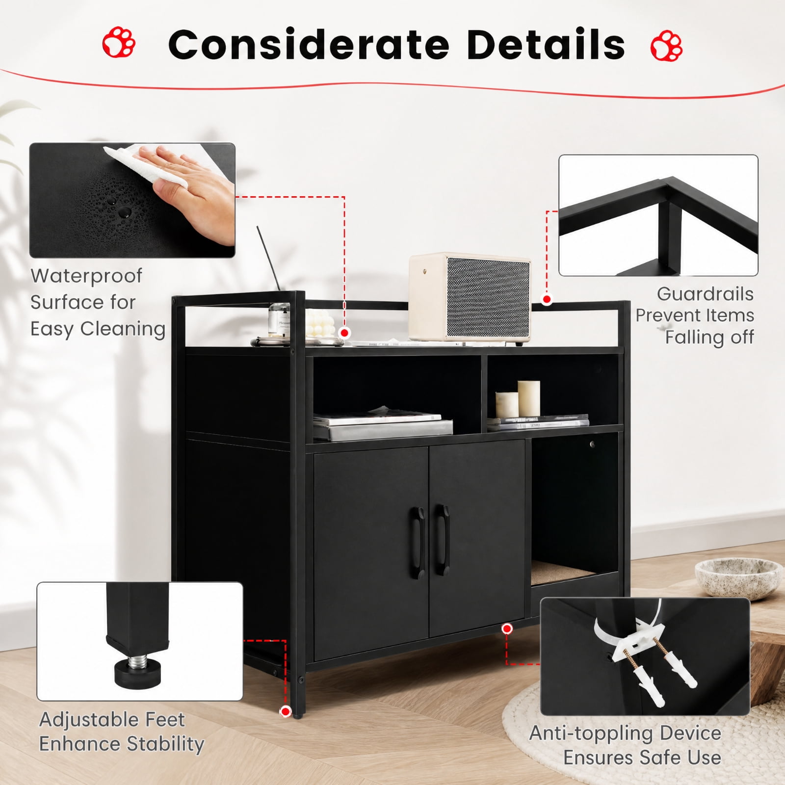 SUGIFT Hidden Cat Litter Box Furniture with Double Doors, Enclosed Cat Washroom Side Table Cabinet with Scratch Cardboard, Black
