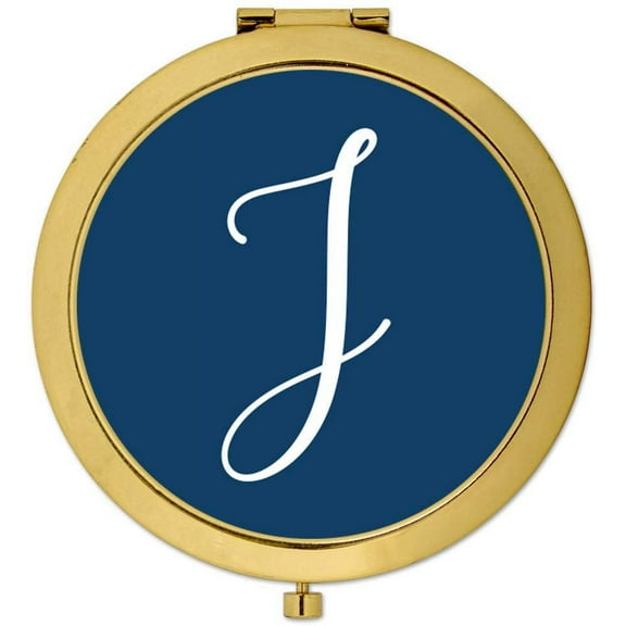 Koyal Wholesale Gold Compact Mirror Bridesmaid's Wedding Gift, Navy Blue, Monogram Letter J, 1-Pack