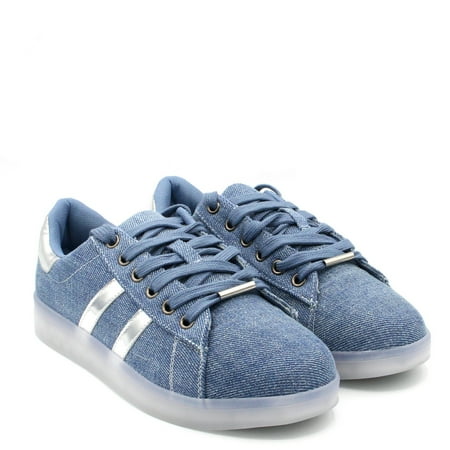 

Women Denim Two Tone Low Top Light Up LED Rechargeable Sneakers Dark Denim Silver