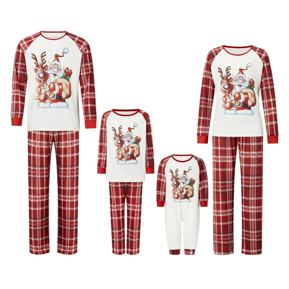 Elippeo Family Matching Christmas Pajamas, Deer Santa Print Long-Sleeved Tops   Plaid Pattern Trousers Sleepwear Outfits
