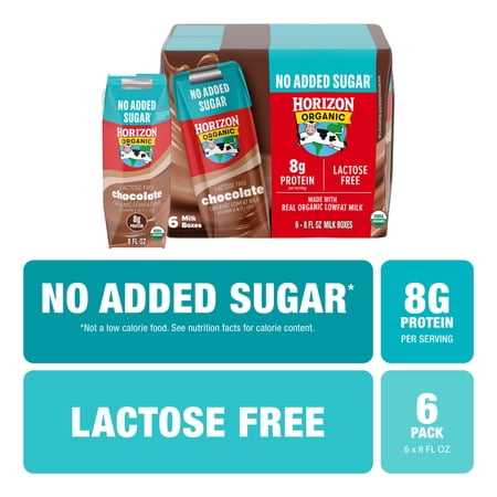 Horizon Organic Shelf Stable Lactose Free No Added Sugar 1% Lowfat Chocolate Milk Boxes, 8 fl oz, 6 Count