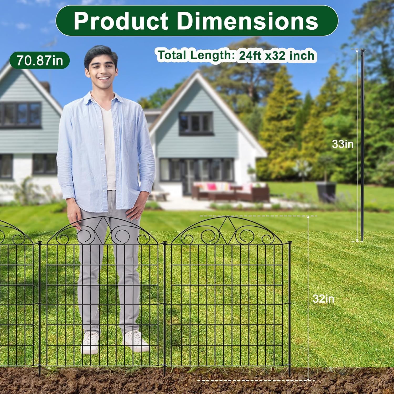 LOVE STORY 10 Panels No Dig Decorative Garden Fence Animal Barrier Fencing Metal Wire Panel Border Patio Dog Rabbits Ground Stakes Fencing, 24ft(L) x 32in(H)