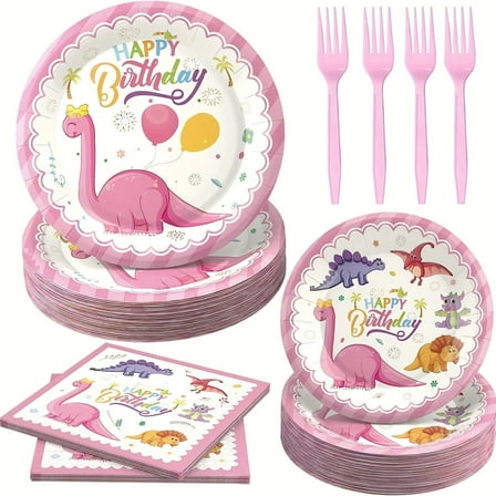 100 Pcs Dinosaur Birthday Party Supplies, 20 Pcs 9 Inch Plates, 20 Pcs 7 Inch Dessert Plates, 40 Pcs Napkins, Serve 20, Pink Dino Themed Birthday Party Decorations