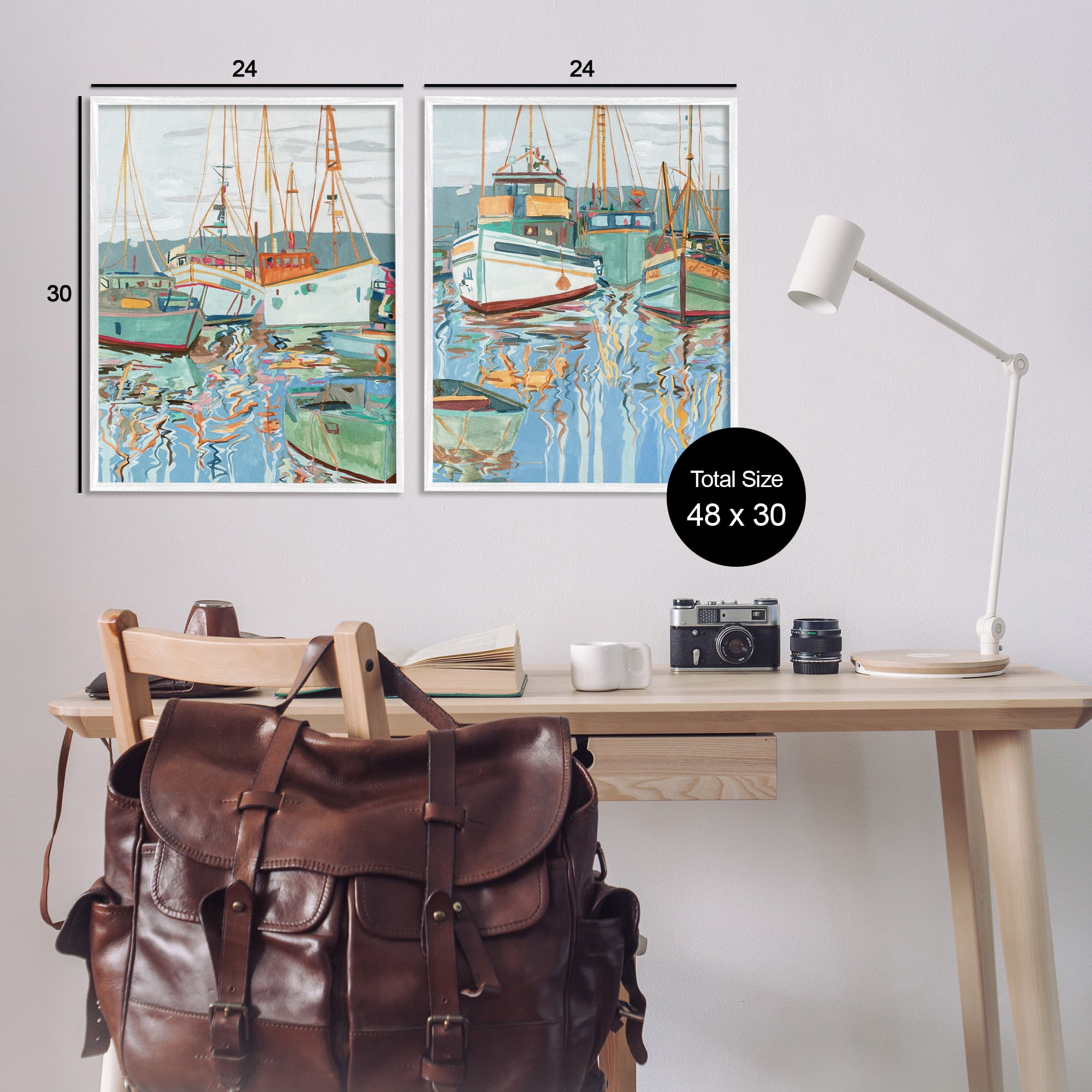 Stupell Industries Marina Ships Reflection Transportation Painting White Framed Art Print Wall Art, 24 x 30, Set of 2