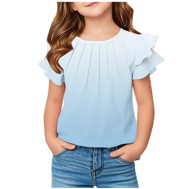 Mgmyaa Girls T Shirts Ruffle Short Sleeve Summer Pleated Crewneck Casual Tops Tees Blouses
