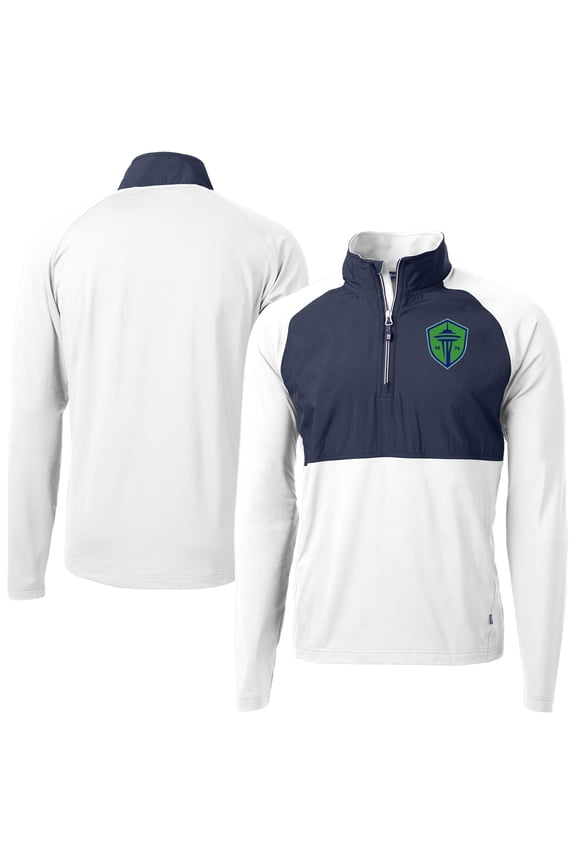 Men's-Cutter & Buck White/Navy Seattle Sounders FC Adapt Eco Knit Hybrid Recycled Raglan Quarter-Zip Top