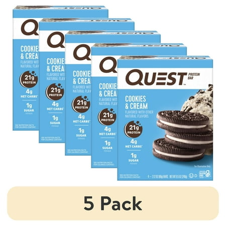 (5 pack) Quest Protein Bar, Cookies & Cream, 21g Protein, Gluten Free, 4 Count
